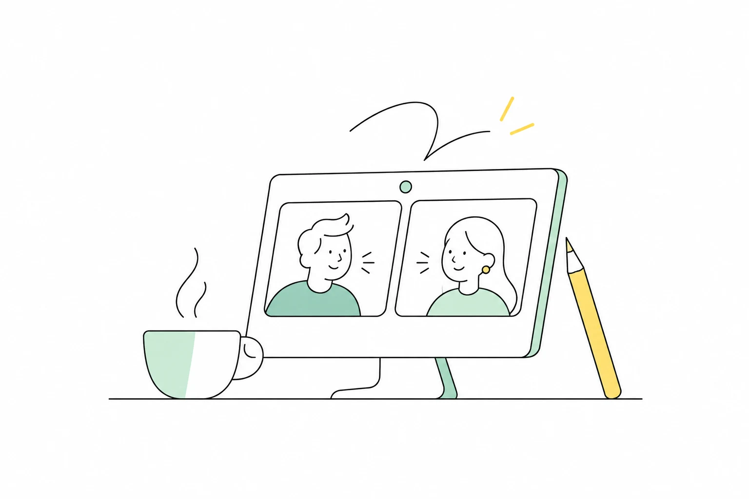 A video conversation, a cup of coffee and a pencil, drawn with fine lines and mint accents.